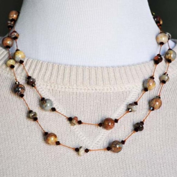 Hand Knotted Handmade Birdseye Rhyolite Swarovski Crystal Necklace Boho Style - Picture 5 of 5